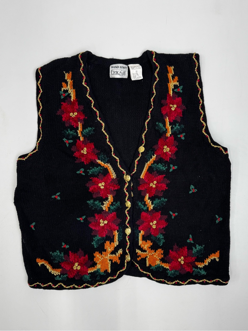 Vintage Erika Black Poinsettia Floral Knit Christmas Vest Sweater Size 2X